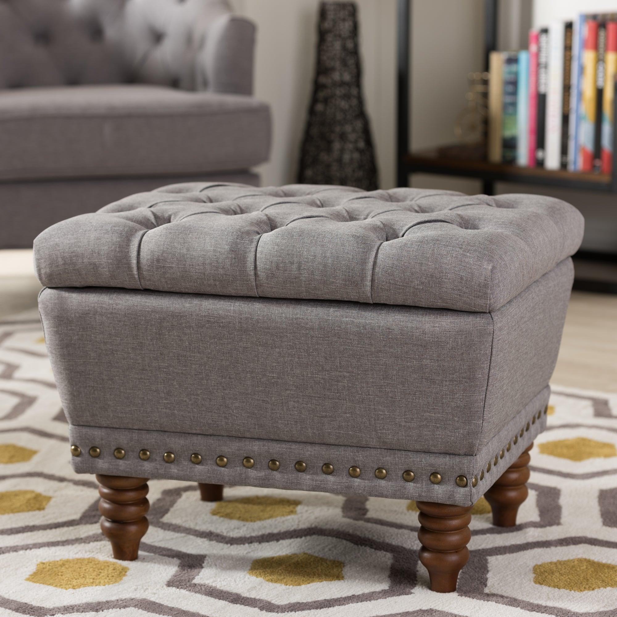 Annabelle Modern and Contemporary Light Fabric Upholstered Wood Finished Button-Tufted Storage Ottoman