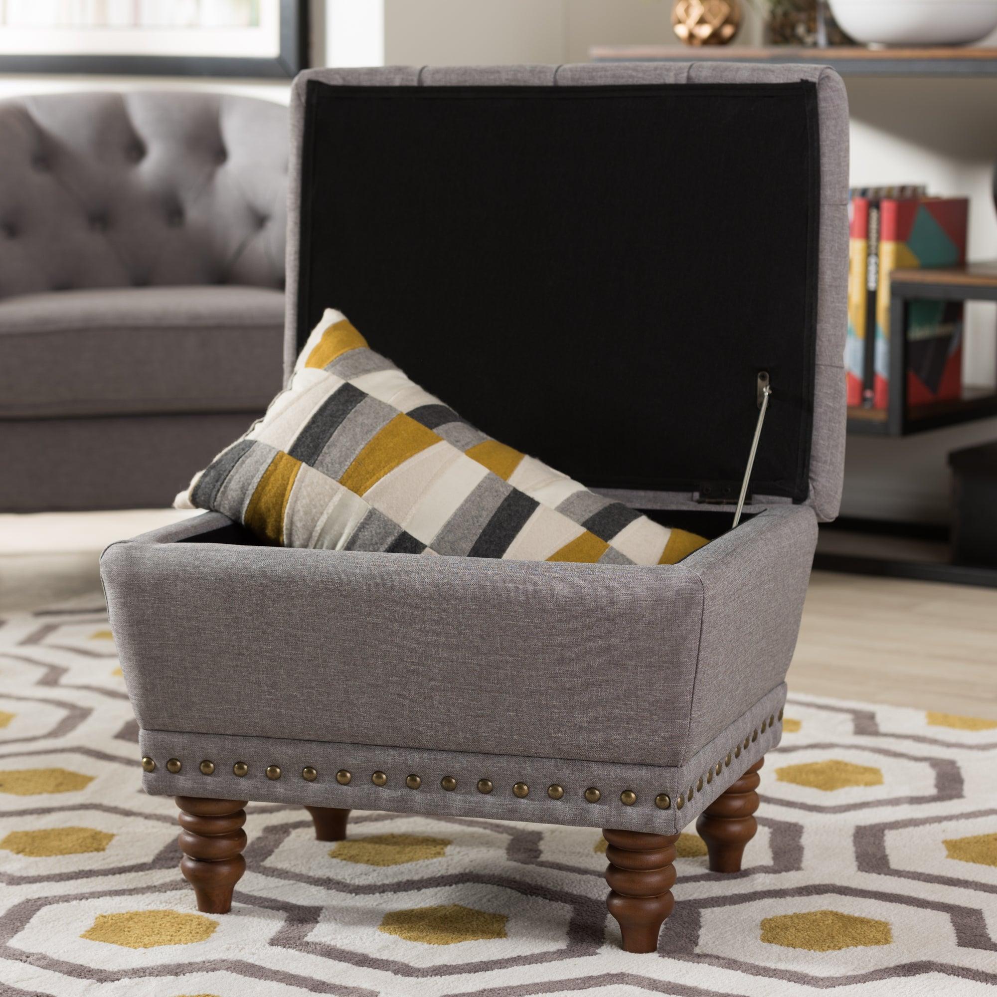 Annabelle Modern and Contemporary Light Fabric Upholstered Wood Finished Button-Tufted Storage Ottoman