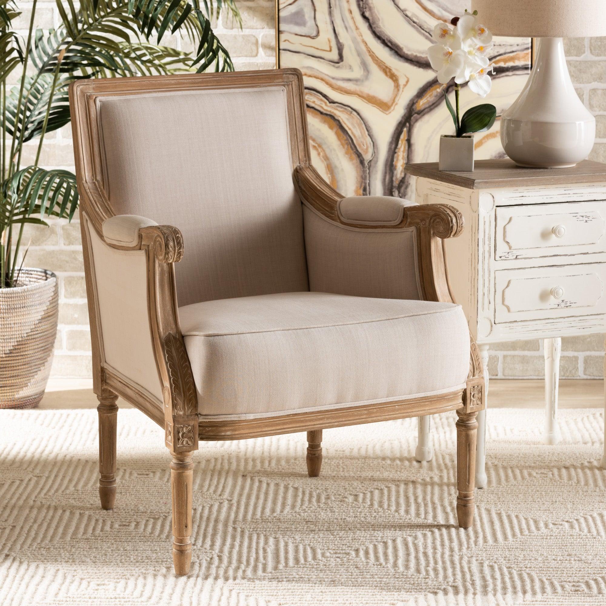 Chavanon Wood & Light Linen Traditional French Accent Chair