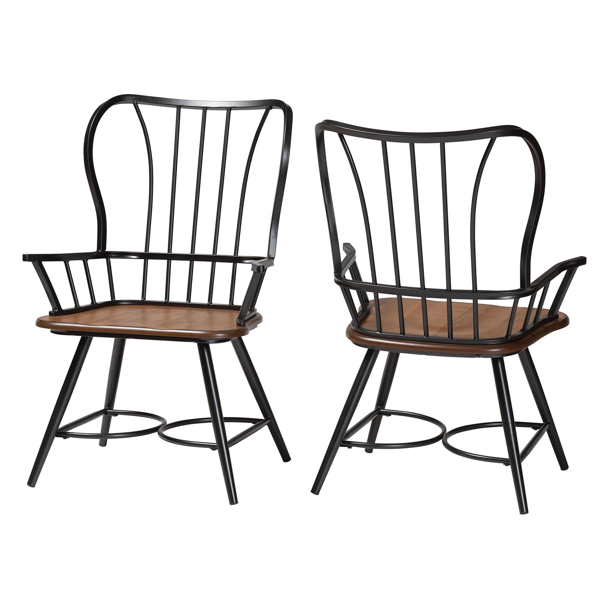 Longford "Dark-" Wood and Metal Vintage Industrial Dining Arm Chair (Set of 2)