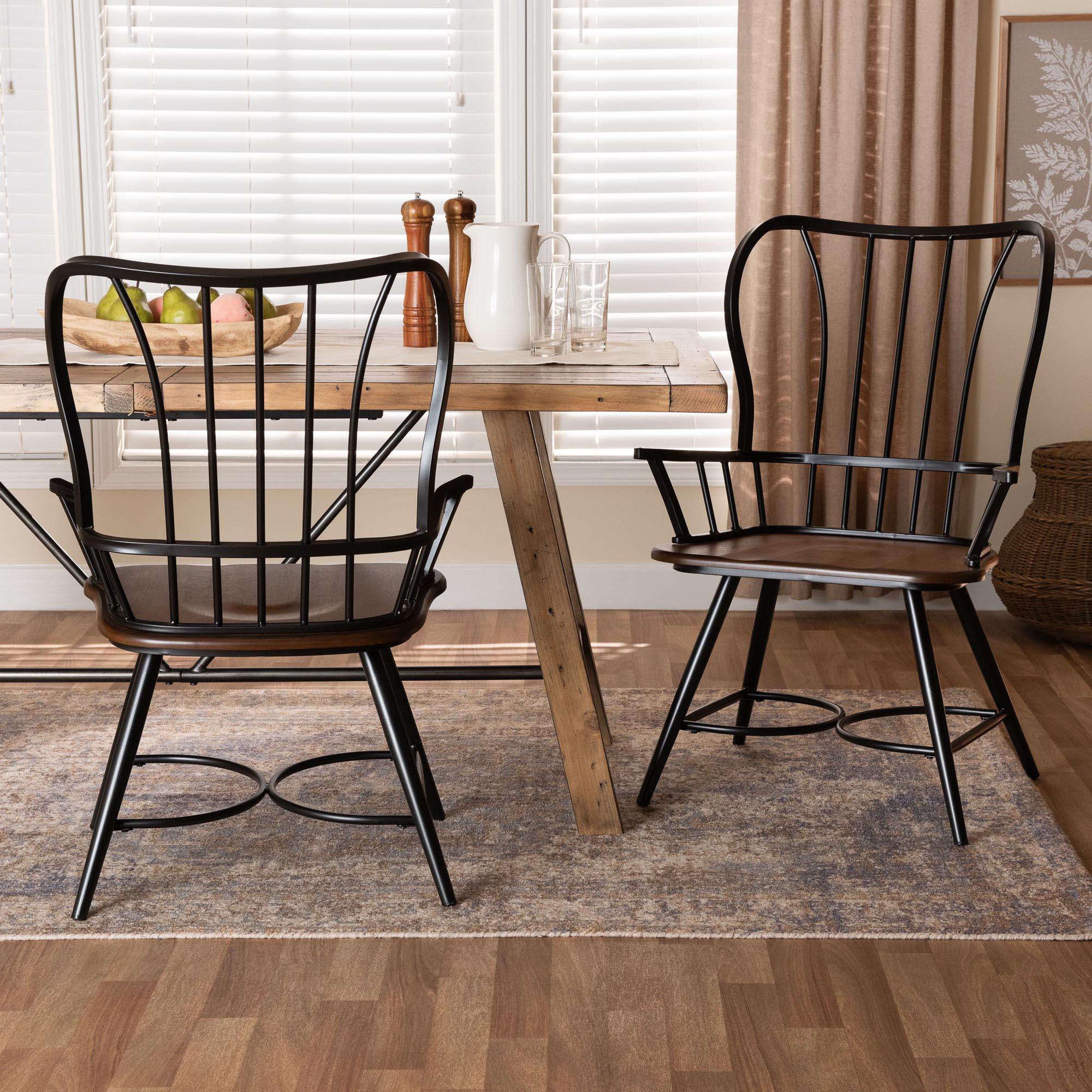 Longford "Dark-" Wood and Metal Vintage Industrial Dining Arm Chair (Set of 2)