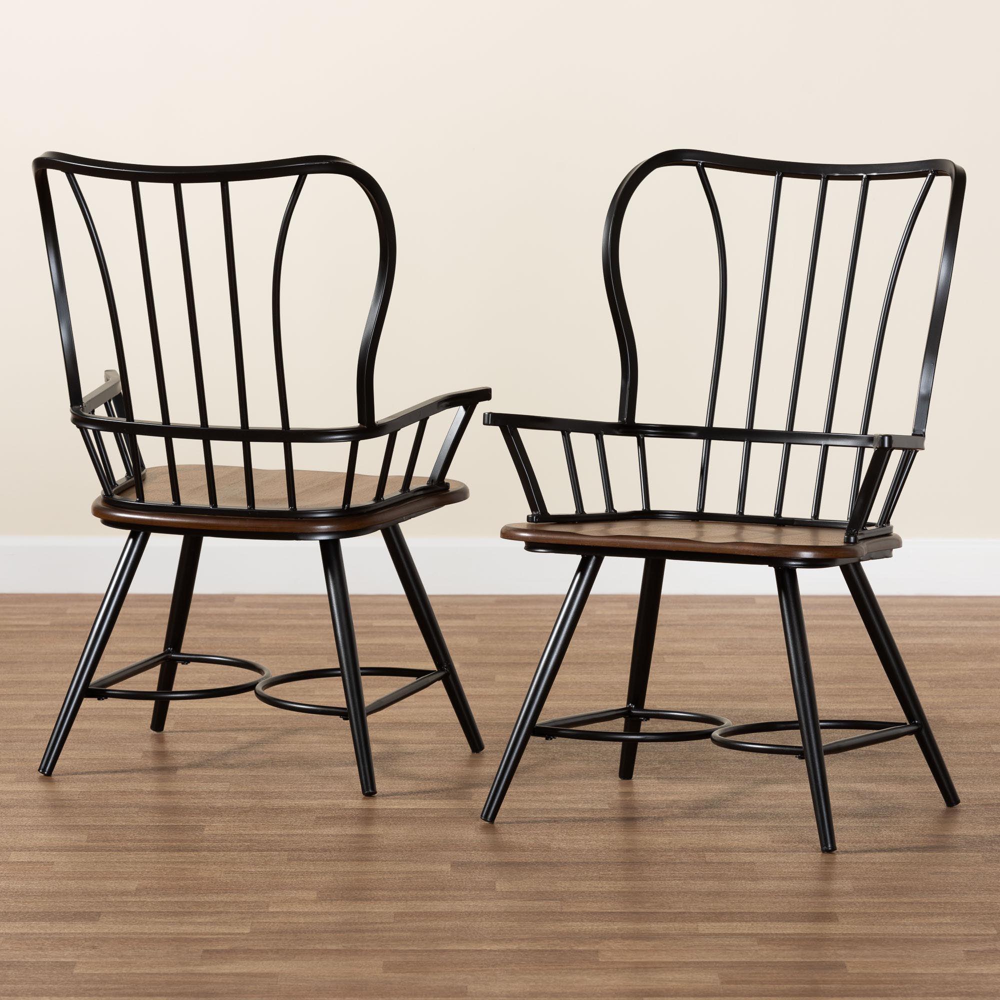 Longford "Dark-" Wood and Metal Vintage Industrial Dining Arm Chair (Set of 2)