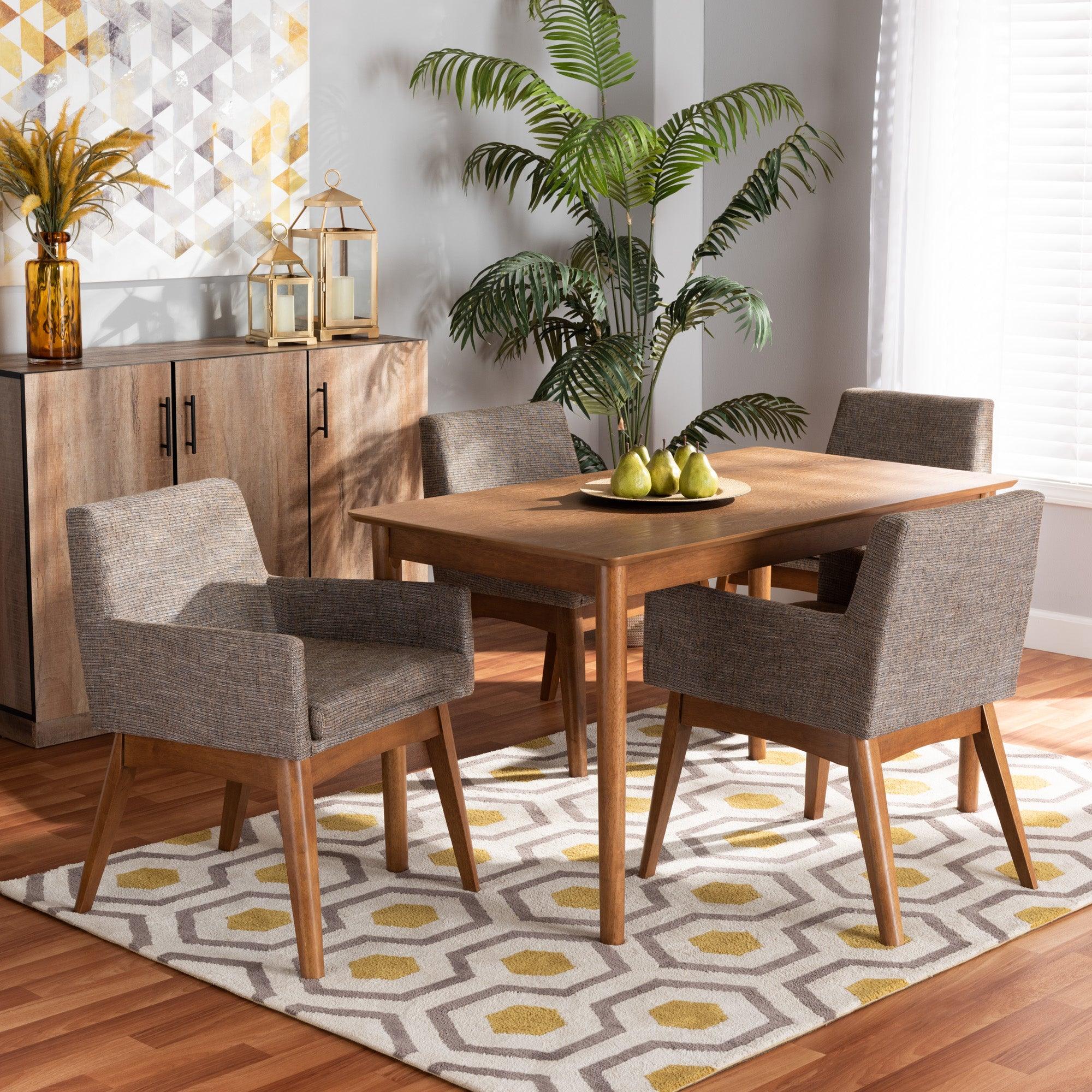 Dorina Mid-Century Modern Gravel Fabric Upholstered and Finished Wood 5-Piece Dining Set