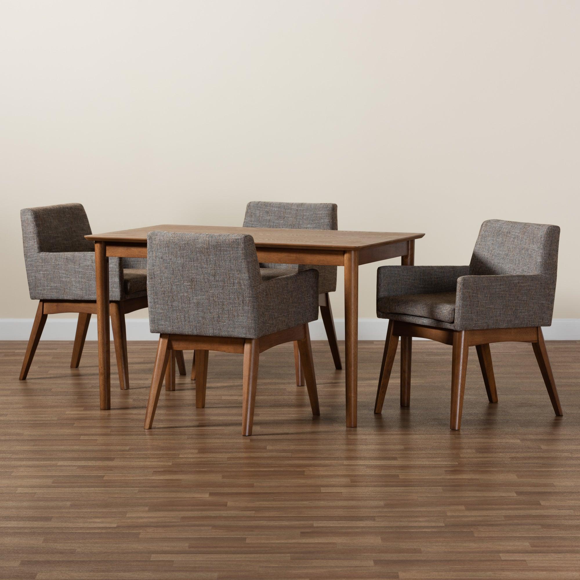 Dorina Mid-Century Modern Gravel Fabric Upholstered and Finished Wood 5-Piece Dining Set