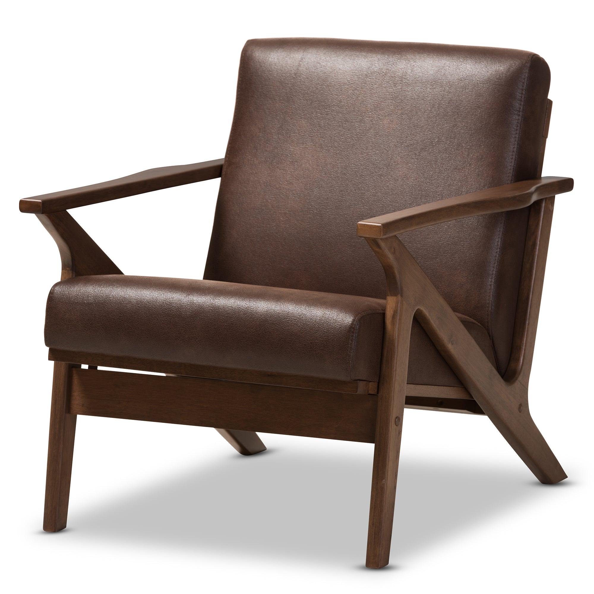 Bianca Mid-Century Modern Wood Distressed Faux Leather Lounge Chair