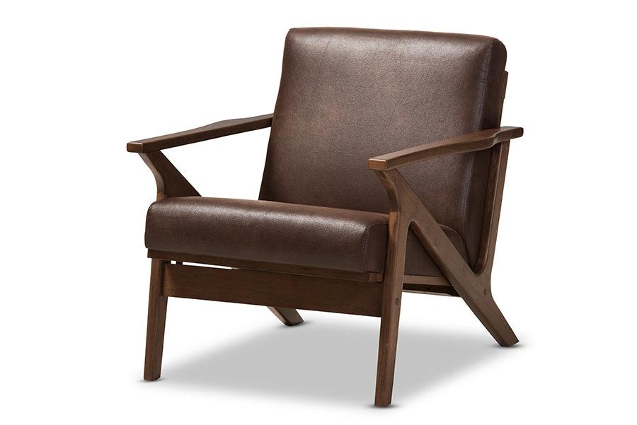 Bianca Mid-Century Modern Wood Distressed Faux Leather Lounge Chair