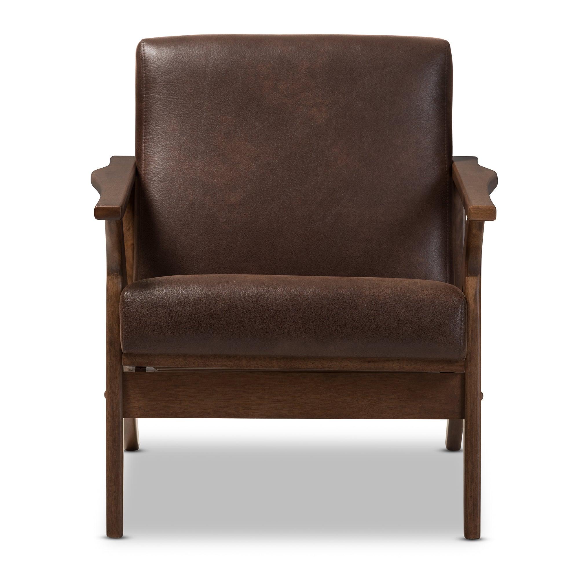 Bianca Mid-Century Modern Wood Distressed Faux Leather Lounge Chair