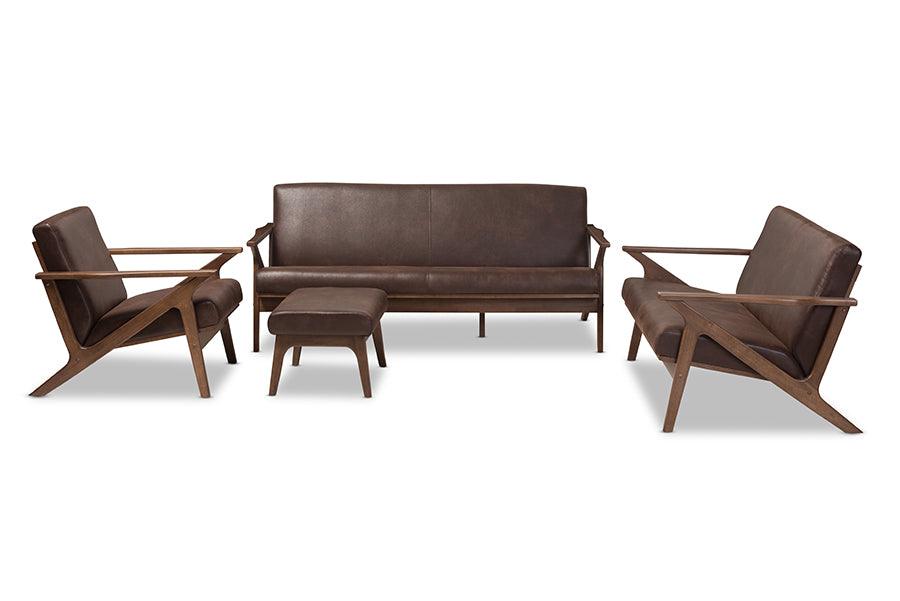 Bianca Mid-Century Modern Wood Distressed Faux Leather Livingroom Sofa Set