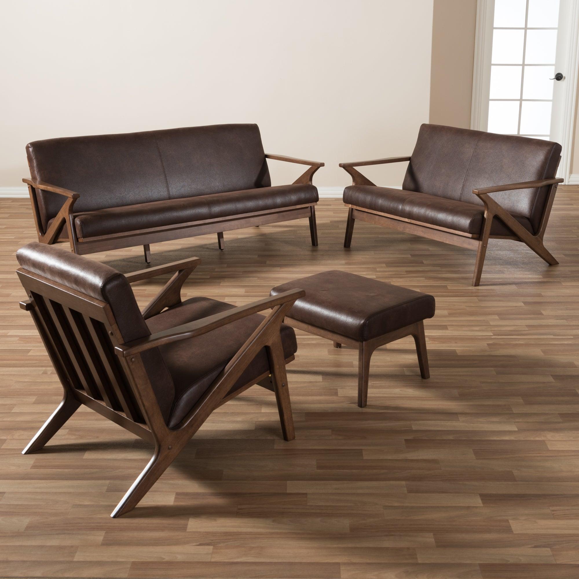 Bianca Mid-Century Modern Wood Distressed Faux Leather Livingroom Sofa Set