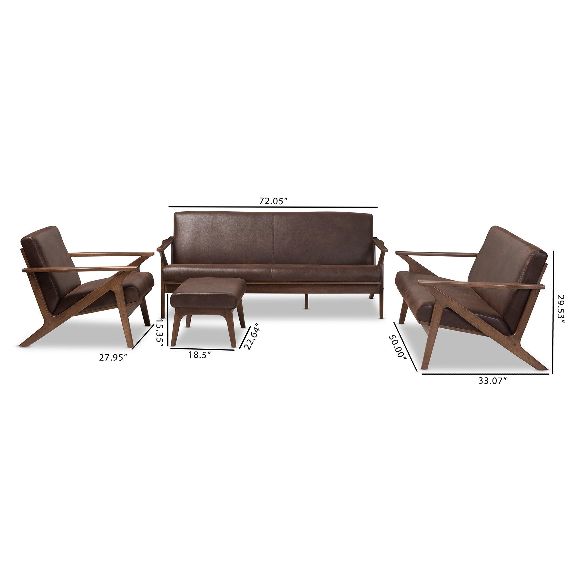 Bianca Mid-Century Modern Wood Distressed Faux Leather Livingroom Sofa Set