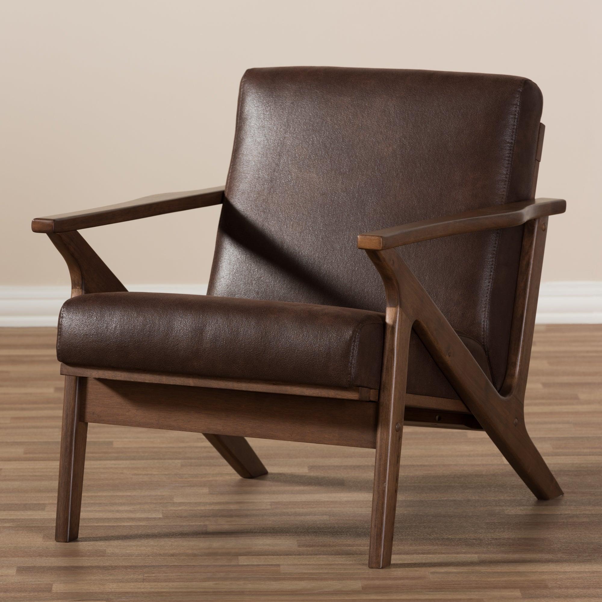 Bianca Mid-Century Modern Wood Distressed Faux Leather Lounge Chair