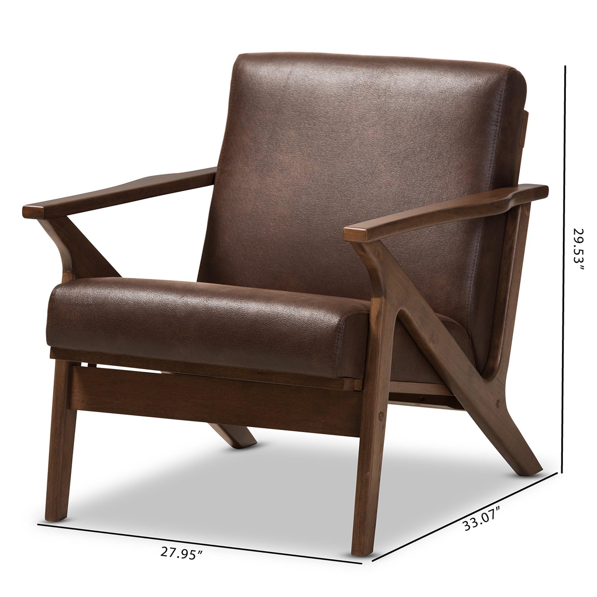 Bianca Mid-Century Modern Wood Distressed Faux Leather Lounge Chair