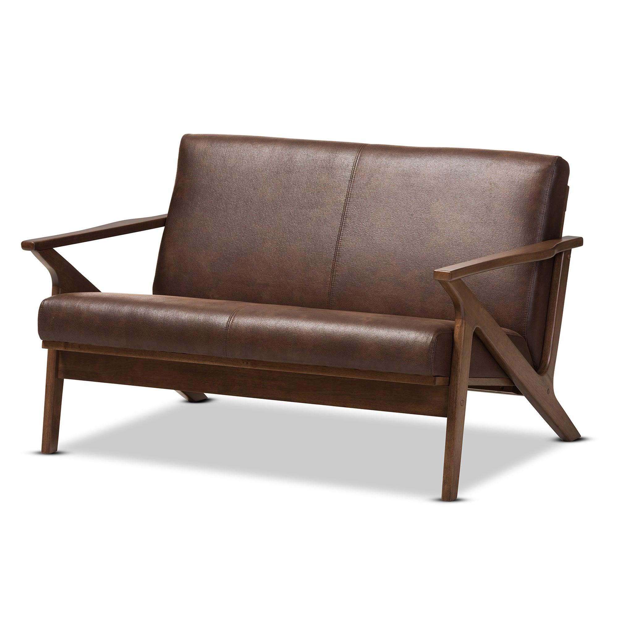 Bianca Mid-Century Modern Wood Distressed Faux Leather 2-Seater Loveseat