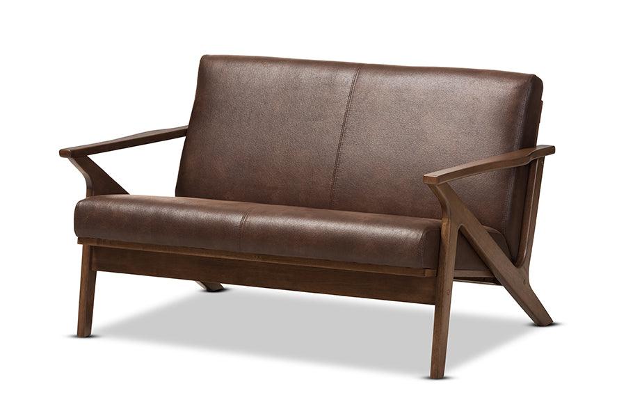 Bianca Mid-Century Modern Wood Distressed Faux Leather 2-Seater Loveseat