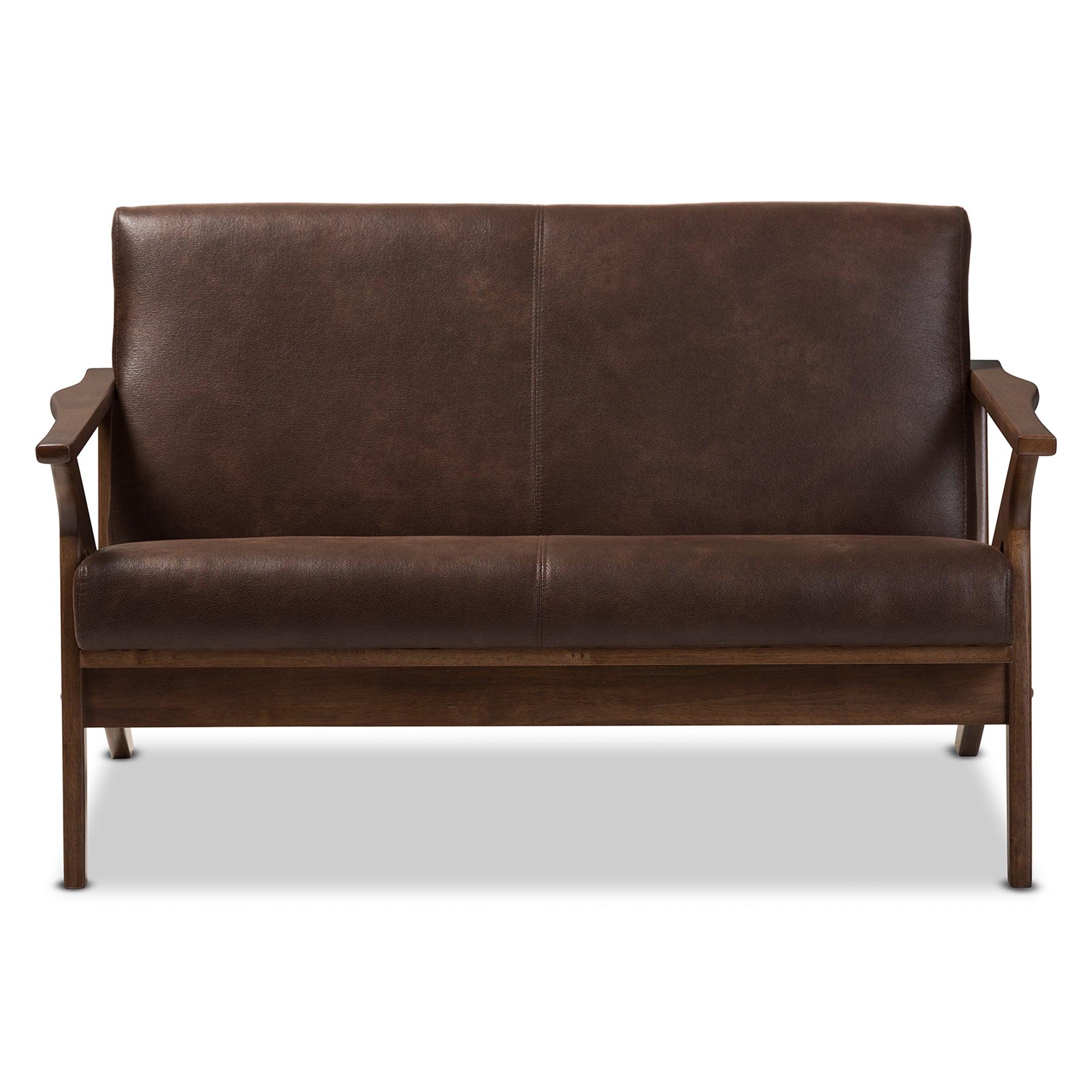 Bianca Mid-Century Modern Wood Distressed Faux Leather 2-Seater Loveseat