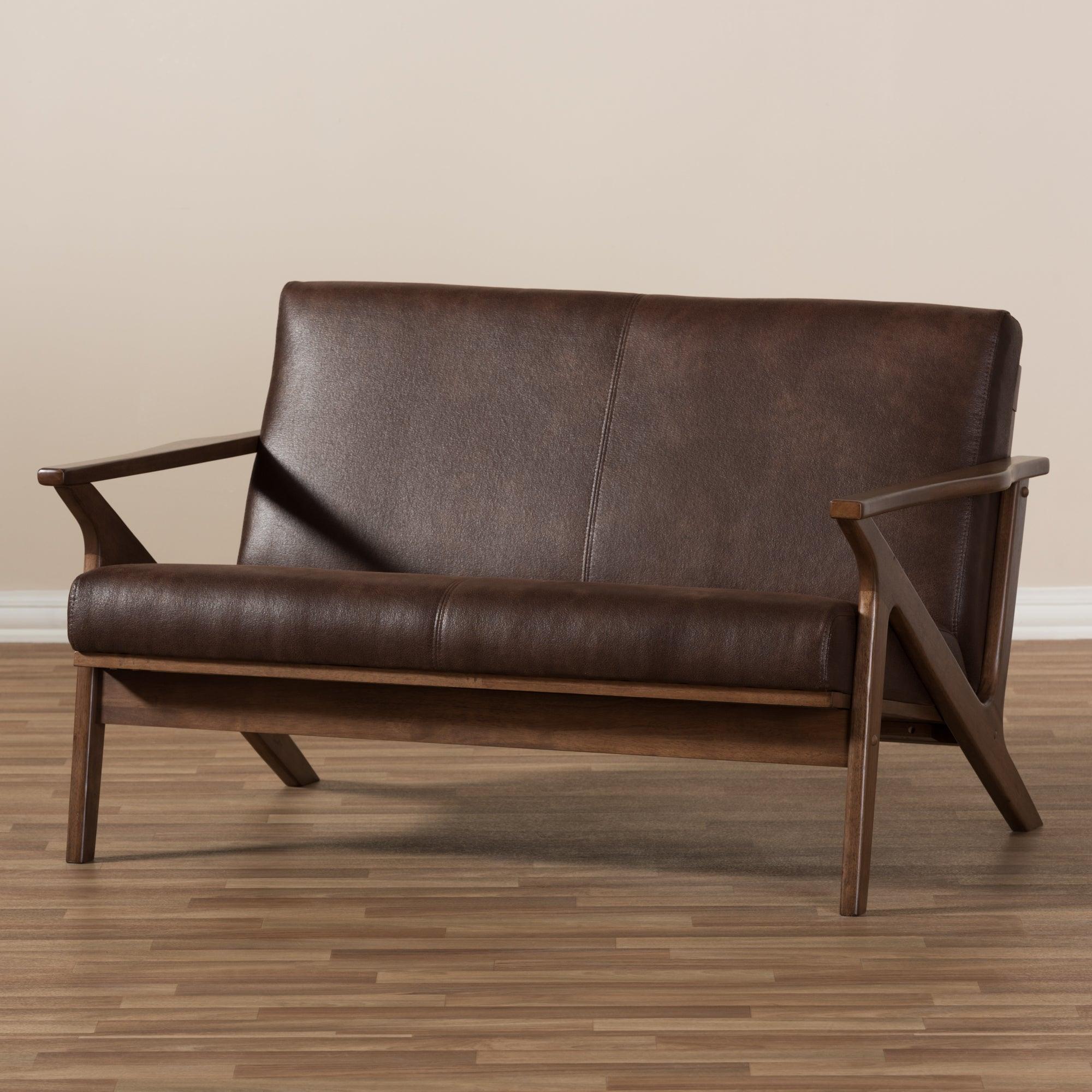 Bianca Mid-Century Modern Wood Distressed Faux Leather 2-Seater Loveseat