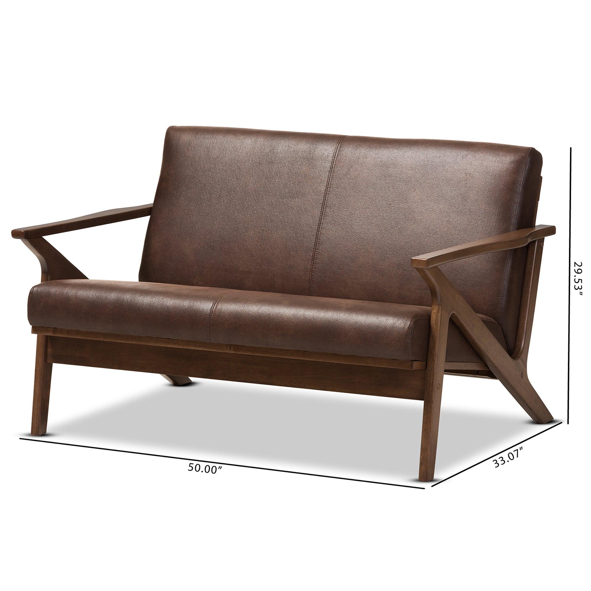 Bianca Mid-Century Modern Wood Distressed Faux Leather 2-Seater Loveseat