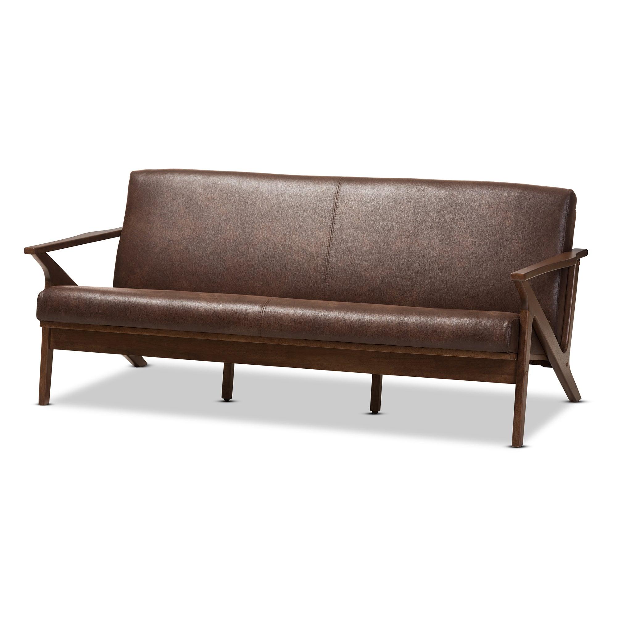 Bianca Mid-Century Modern Wood Distressed Faux Leather 3-Seater Sofa