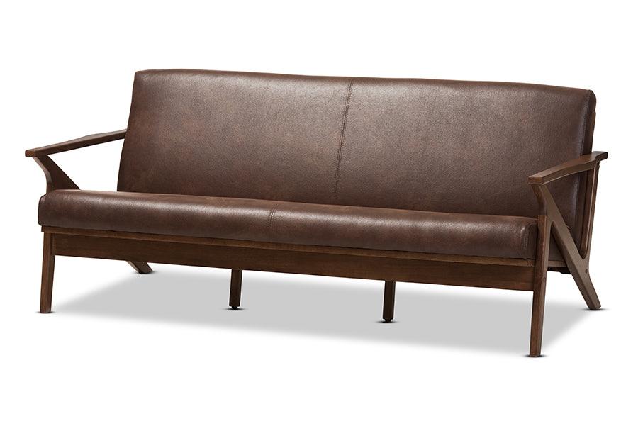 Bianca Mid-Century Modern Wood Distressed Faux Leather 3-Seater Sofa