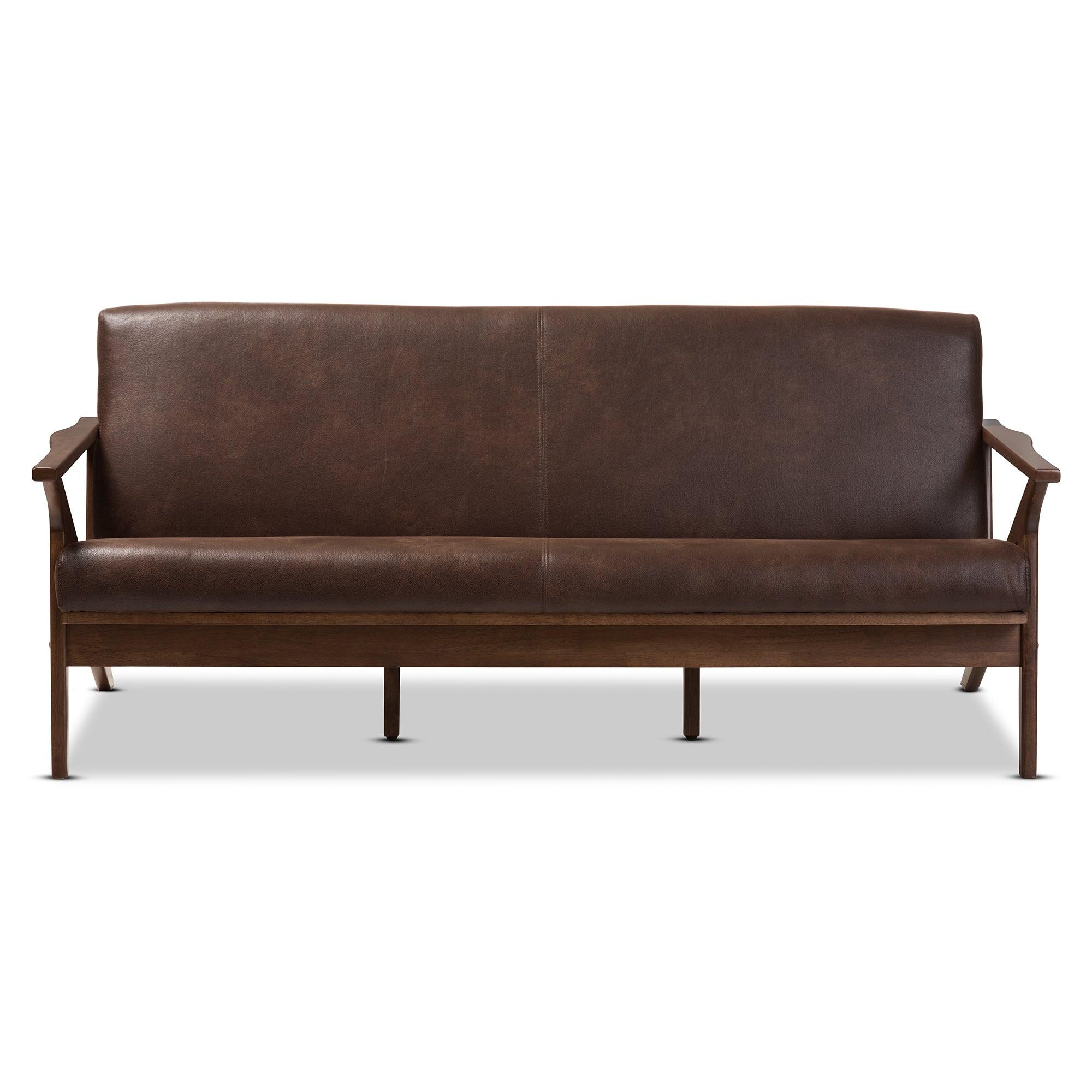 Bianca Mid-Century Modern Wood Distressed Faux Leather 3-Seater Sofa