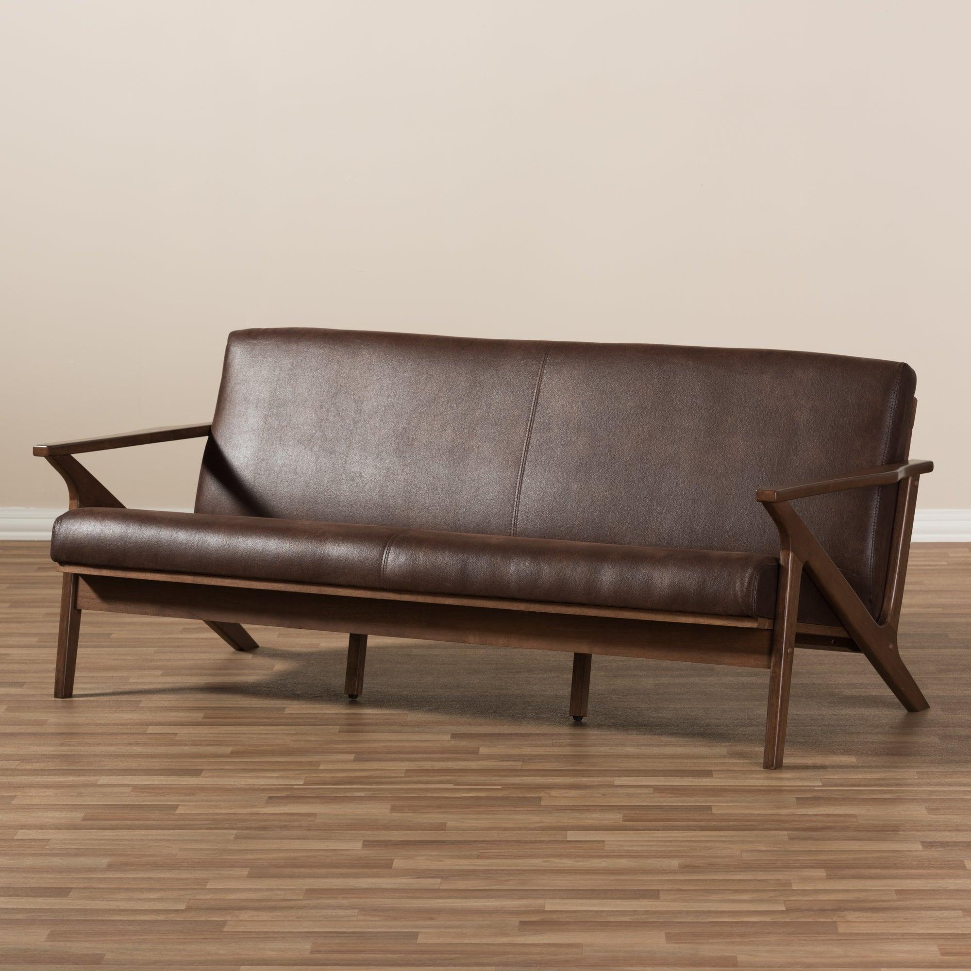 Bianca Mid-Century Modern Wood Distressed Faux Leather 3-Seater Sofa