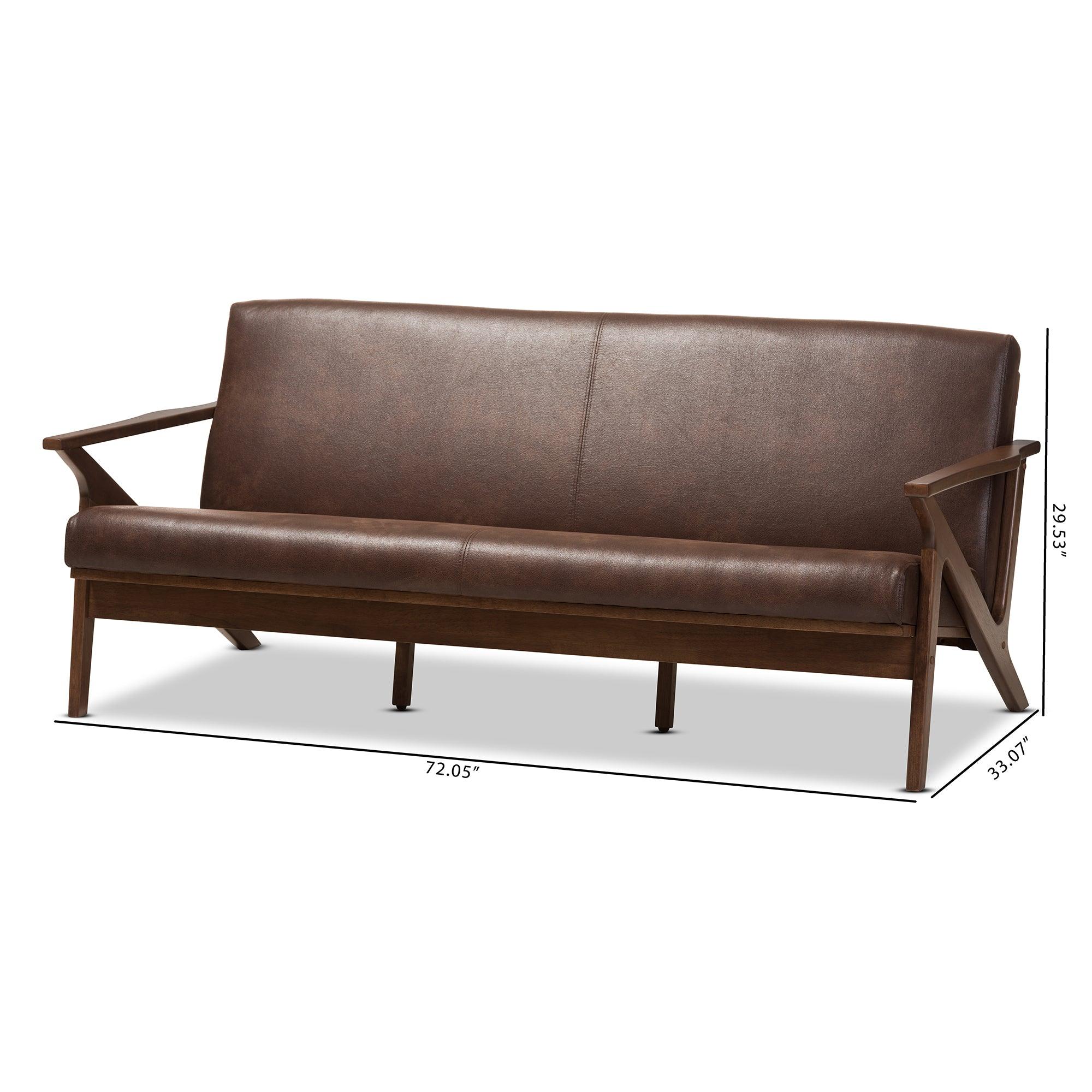 Bianca Mid-Century Modern Wood Distressed Faux Leather 3-Seater Sofa