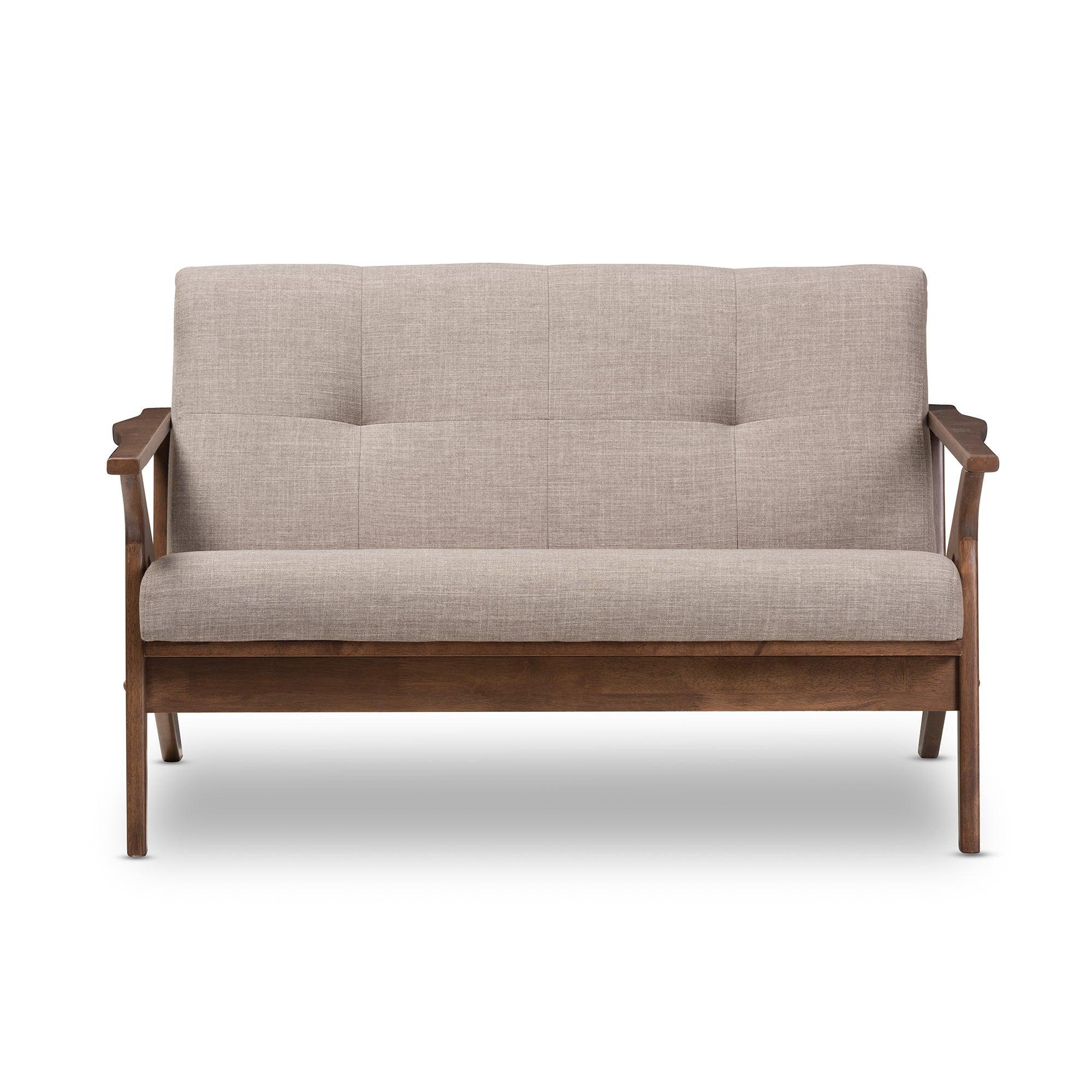 Bianca Mid-Century Modern Wood Light Fabric Tufted 2-Seater Loveseat