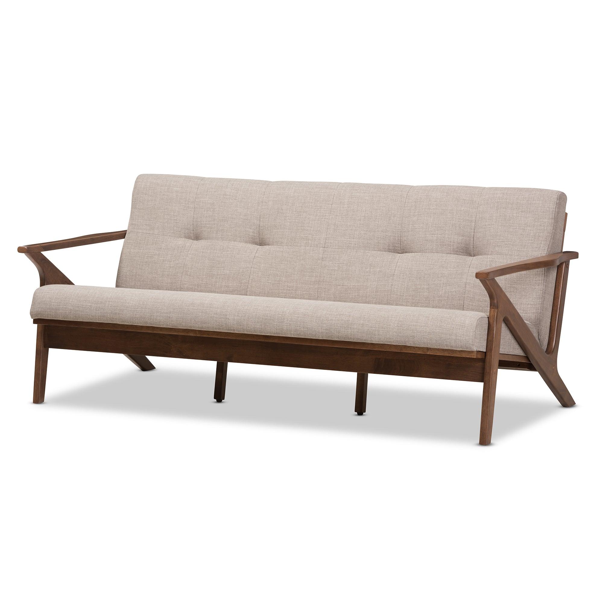 Bianca Mid-Century Modern Wood Light Fabric Tufted 3-Seater Sofa