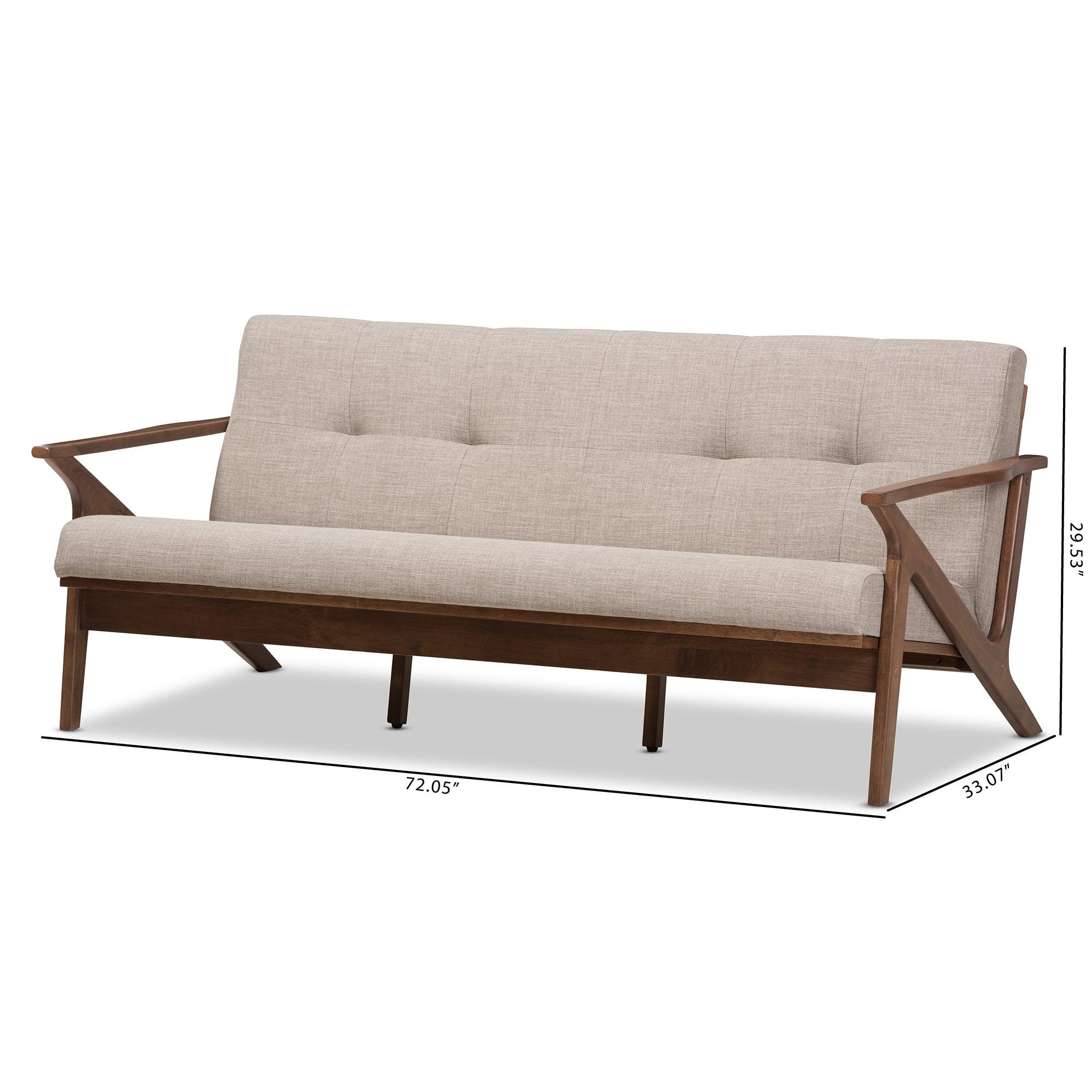 Bianca Mid-Century Modern Wood Light Fabric Tufted 3-Seater Sofa