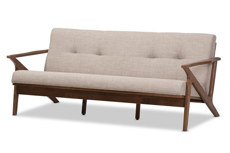 Bianca Mid-Century Modern Wood Light Fabric Tufted 3-Seater Sofa