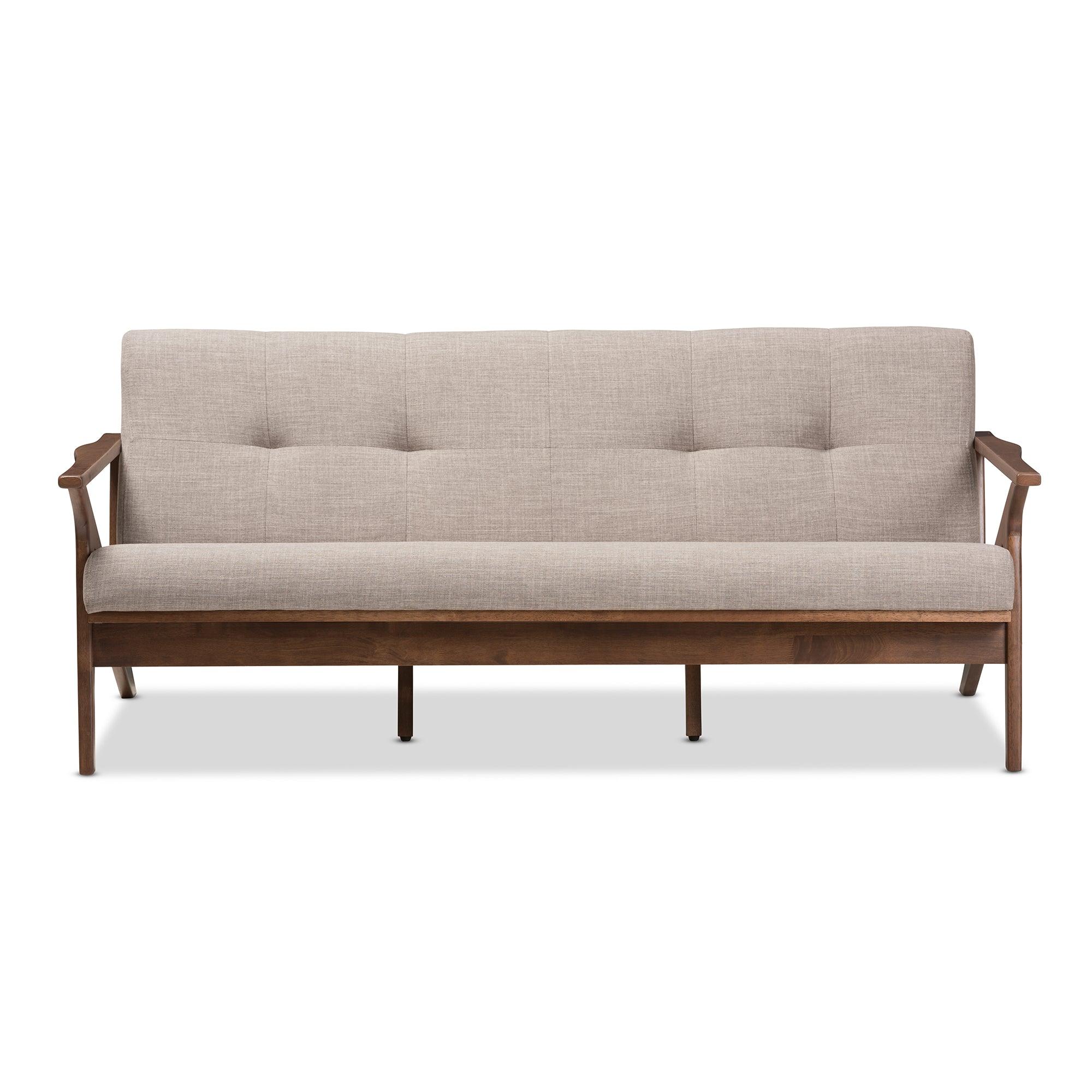 Bianca Mid-Century Modern Wood Light Fabric Tufted 3-Seater Sofa