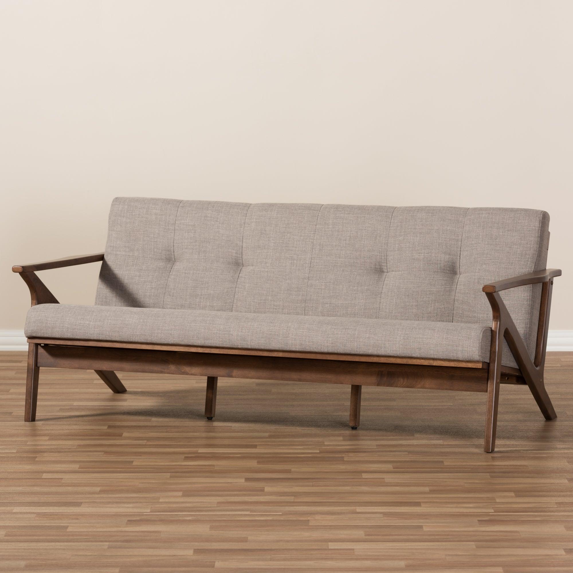 Bianca Mid-Century Modern Wood Light Fabric Tufted 3-Seater Sofa