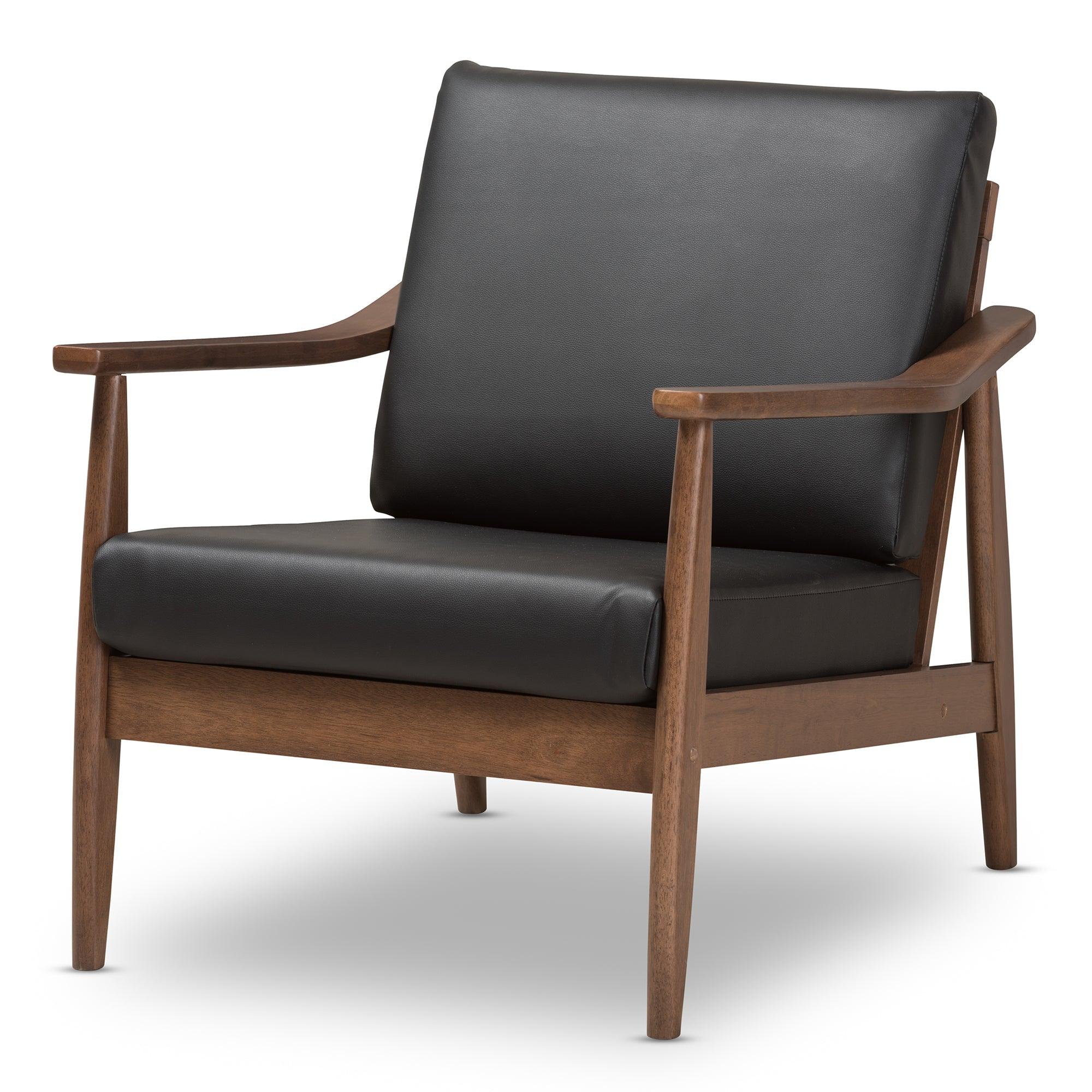 Venza Mid-Century Modern Wood Faux Leather Lounge Chair