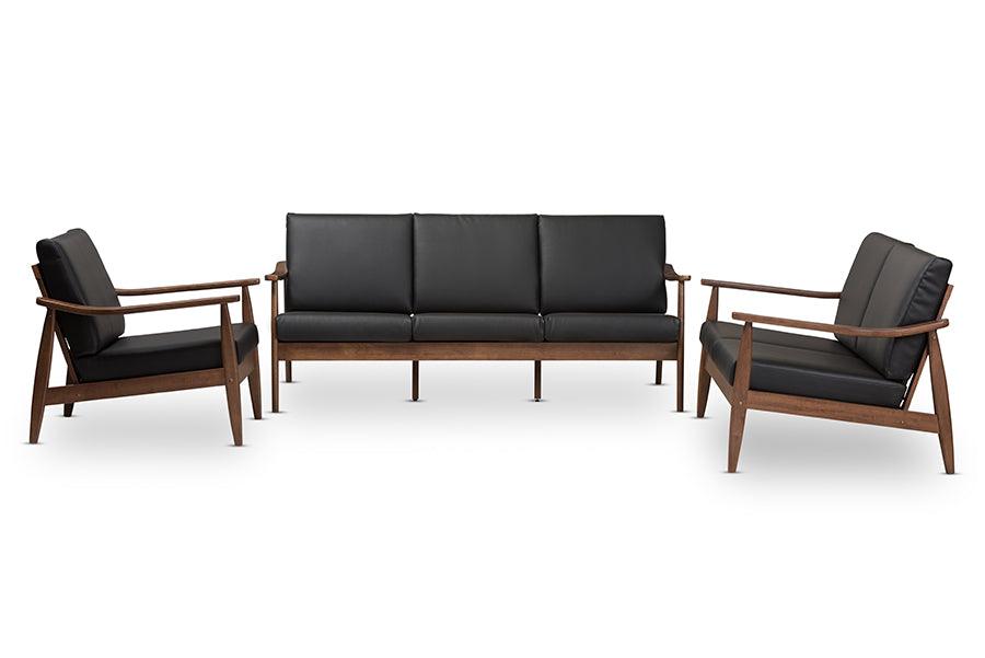 Venza Mid-Century Modern Wood Faux Leather 3-Piece Livingroom Set