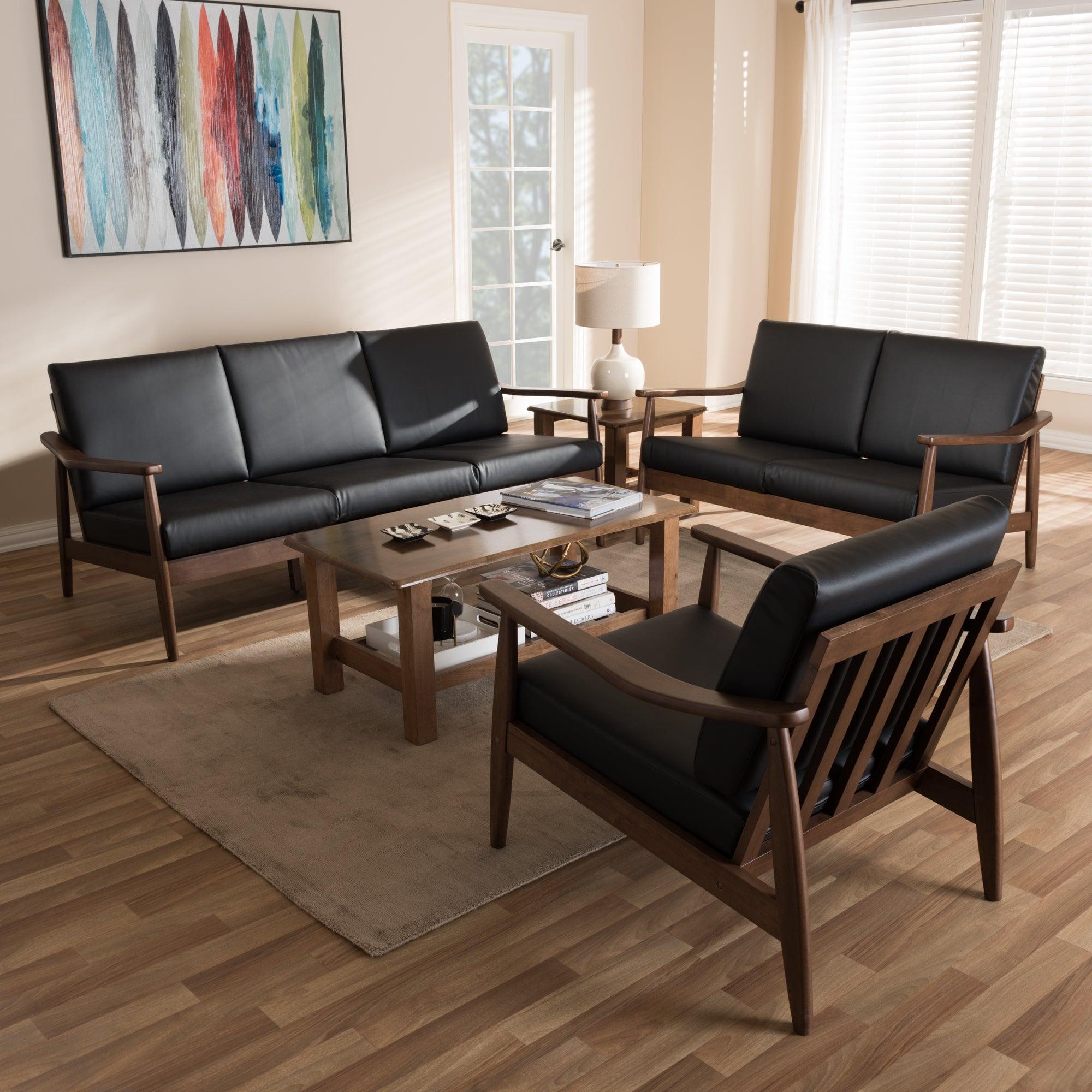 Venza Mid-Century Modern Wood Faux Leather 3-Piece Livingroom Set