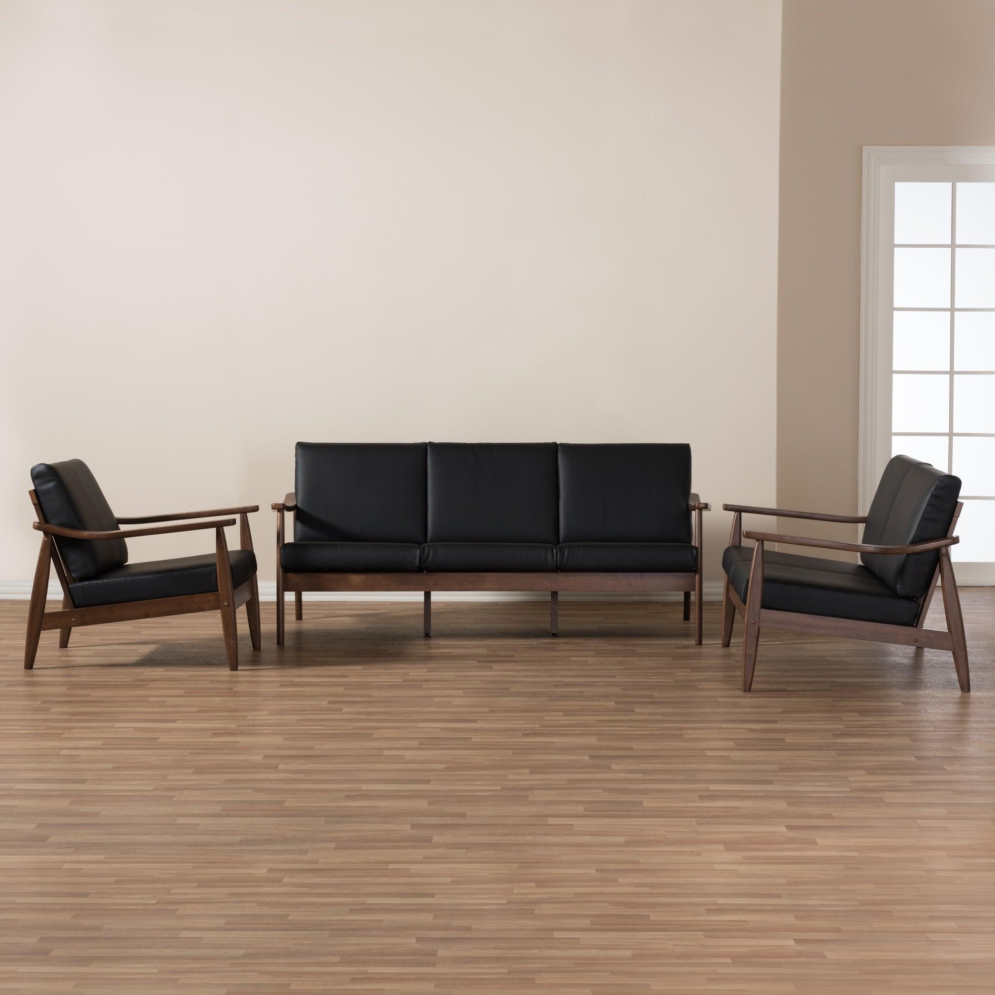 Venza Mid-Century Modern Wood Faux Leather 3-Piece Livingroom Set