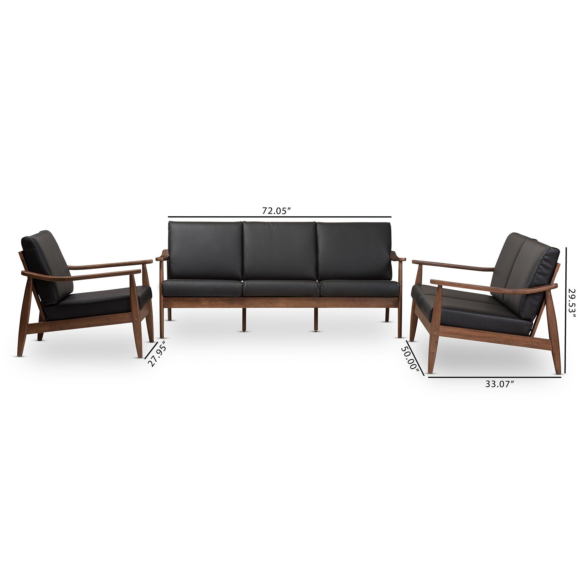 Venza Mid-Century Modern Wood Faux Leather 3-Piece Livingroom Set