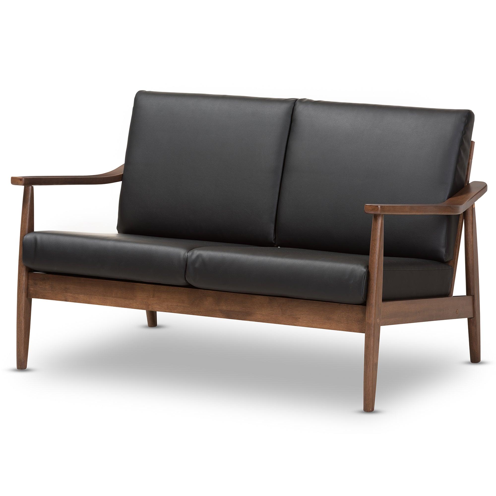 Venza Mid-Century Modern Wood Faux Leather 2-Seater Loveseat