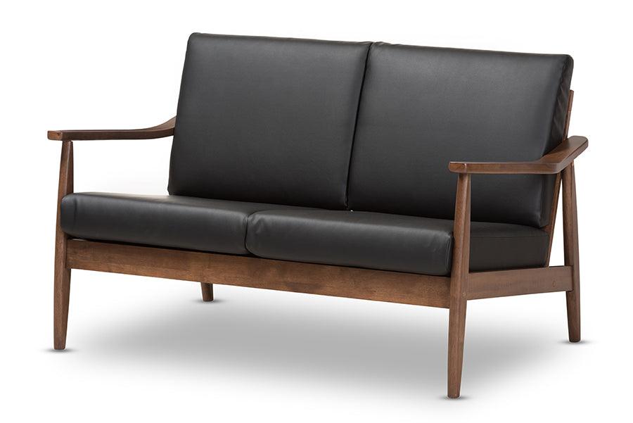 Venza Mid-Century Modern Wood Faux Leather 2-Seater Loveseat