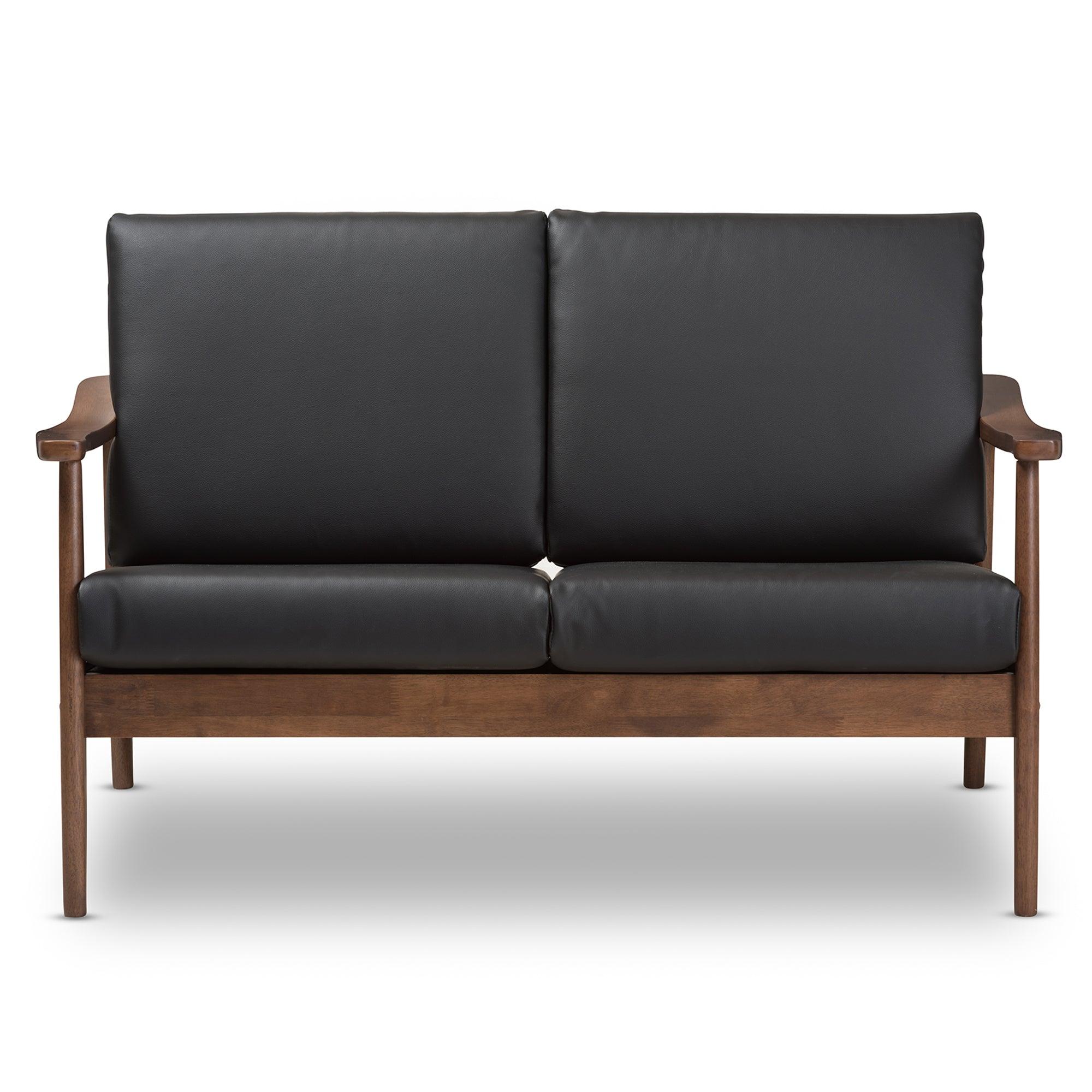 Venza Mid-Century Modern Wood Faux Leather 2-Seater Loveseat