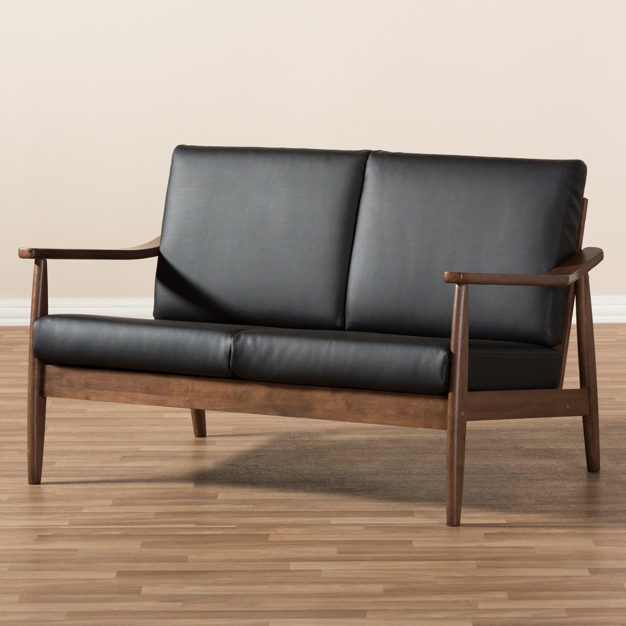 Venza Mid-Century Modern Wood Faux Leather 2-Seater Loveseat