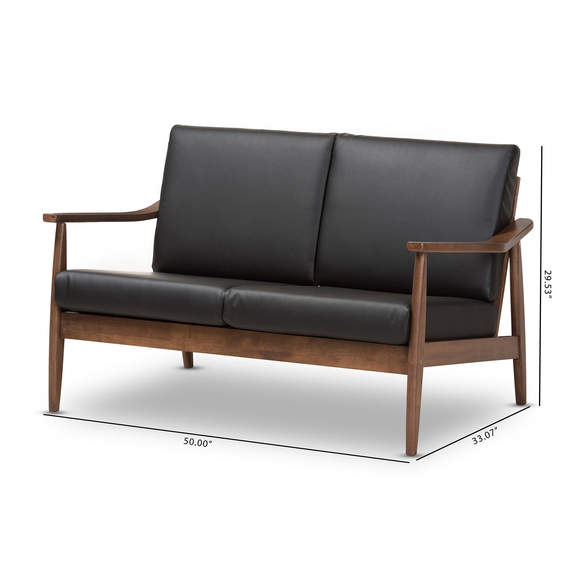 Venza Mid-Century Modern Wood Faux Leather 2-Seater Loveseat