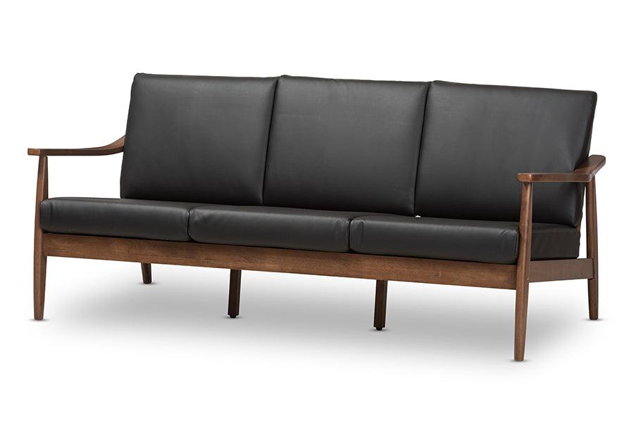 Venza Mid-Century Modern Wood Faux Leather 3-Seater Sofa