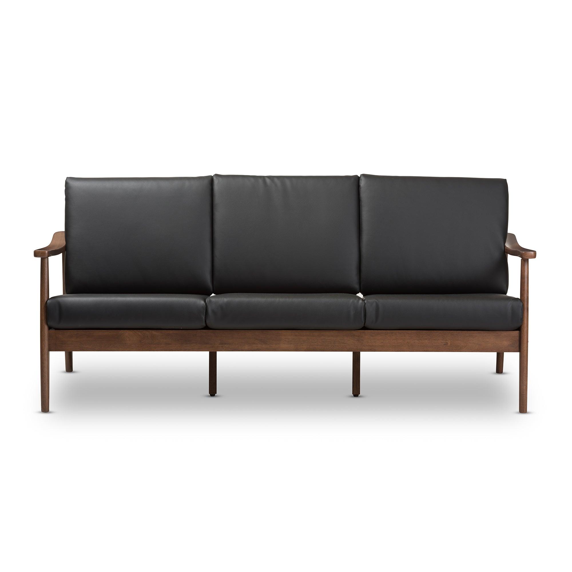 Venza Mid-Century Modern Wood Faux Leather 3-Seater Sofa