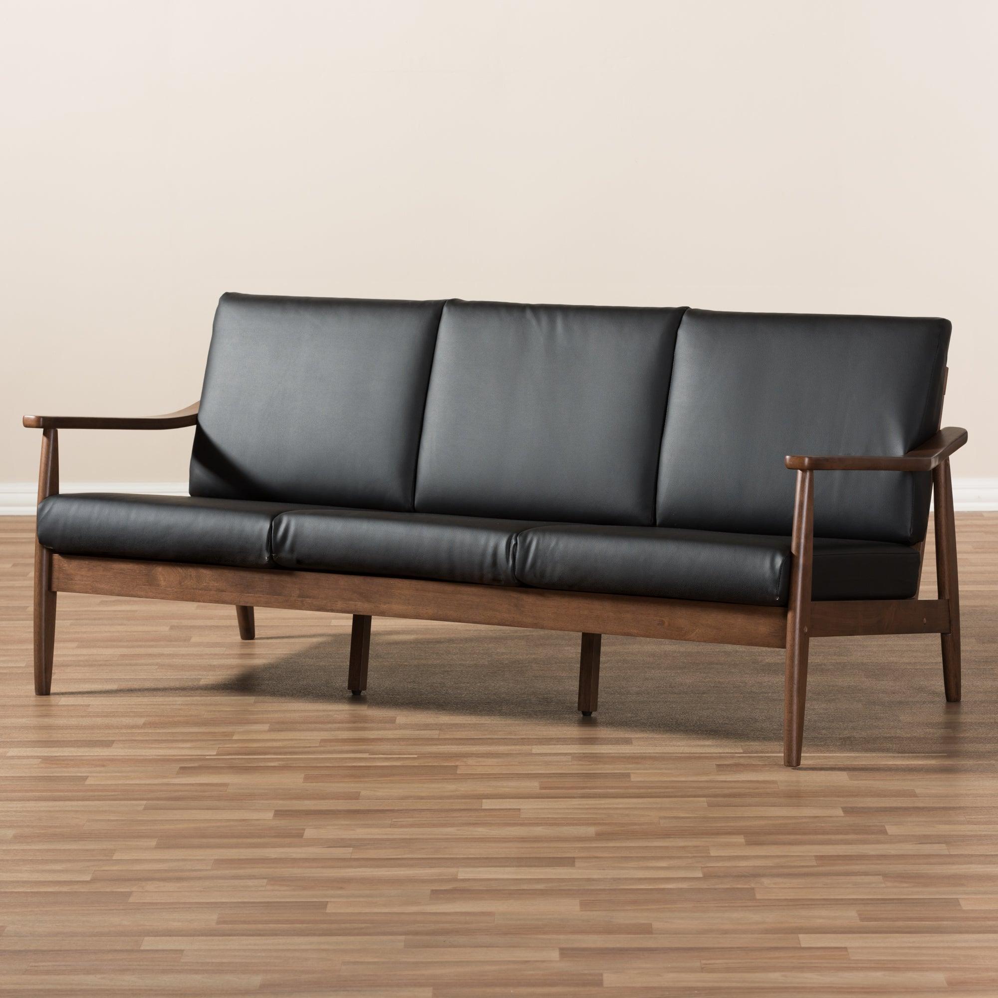 Venza Mid-Century Modern Wood Faux Leather 3-Seater Sofa