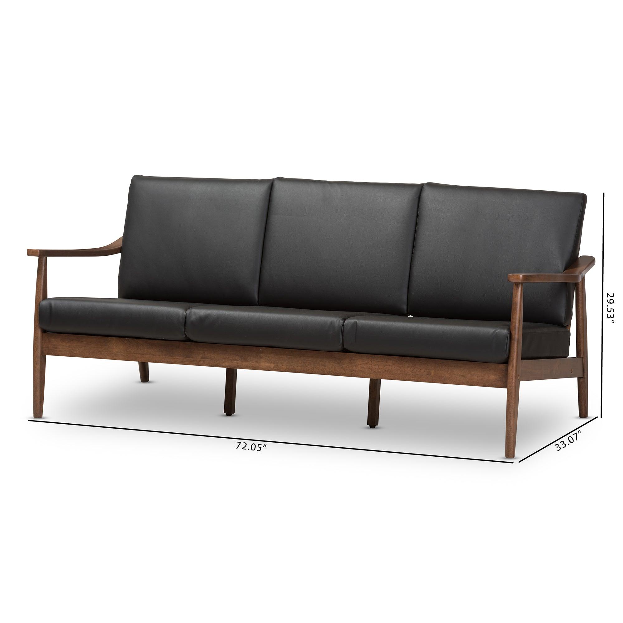 Venza Mid-Century Modern Wood Faux Leather 3-Seater Sofa