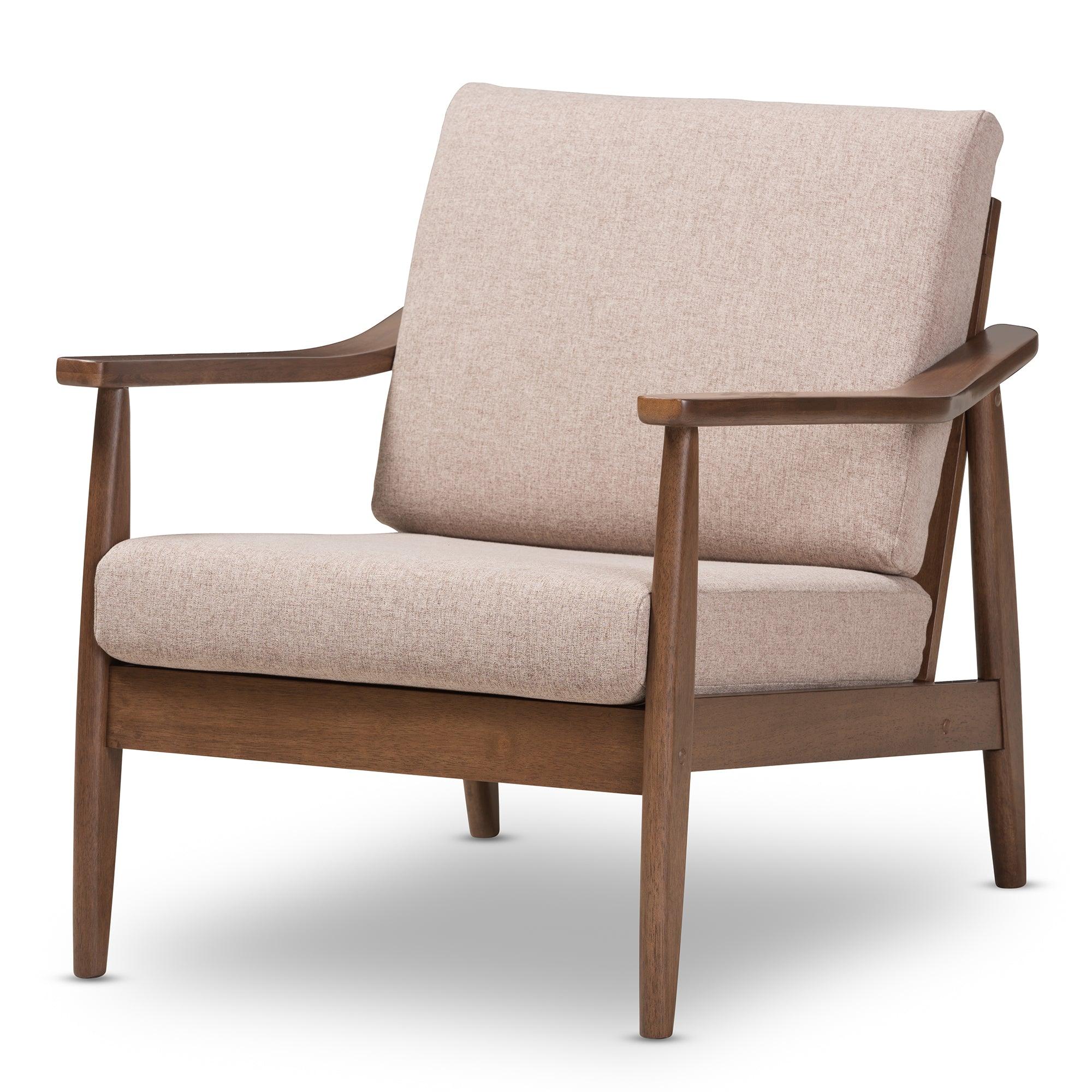 Venza Mid-Century Modern Wood Light Fabric Upholstered Lounge Chair