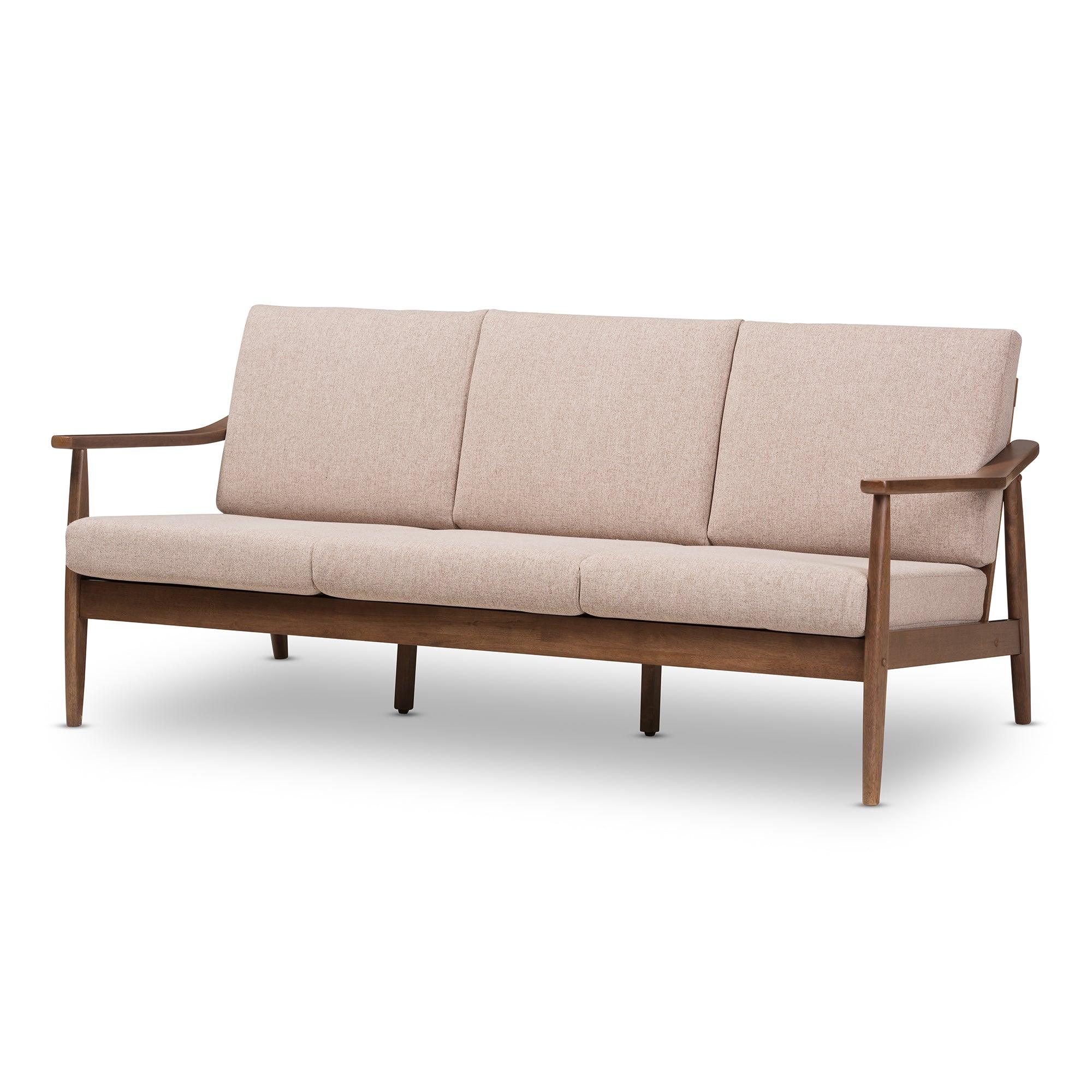 Venza Mid-Century Modern Wood Light Fabric Upholstered 3-Seater Sofa