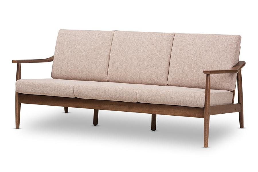 Venza Mid-Century Modern Wood Light Fabric Upholstered 3-Seater Sofa