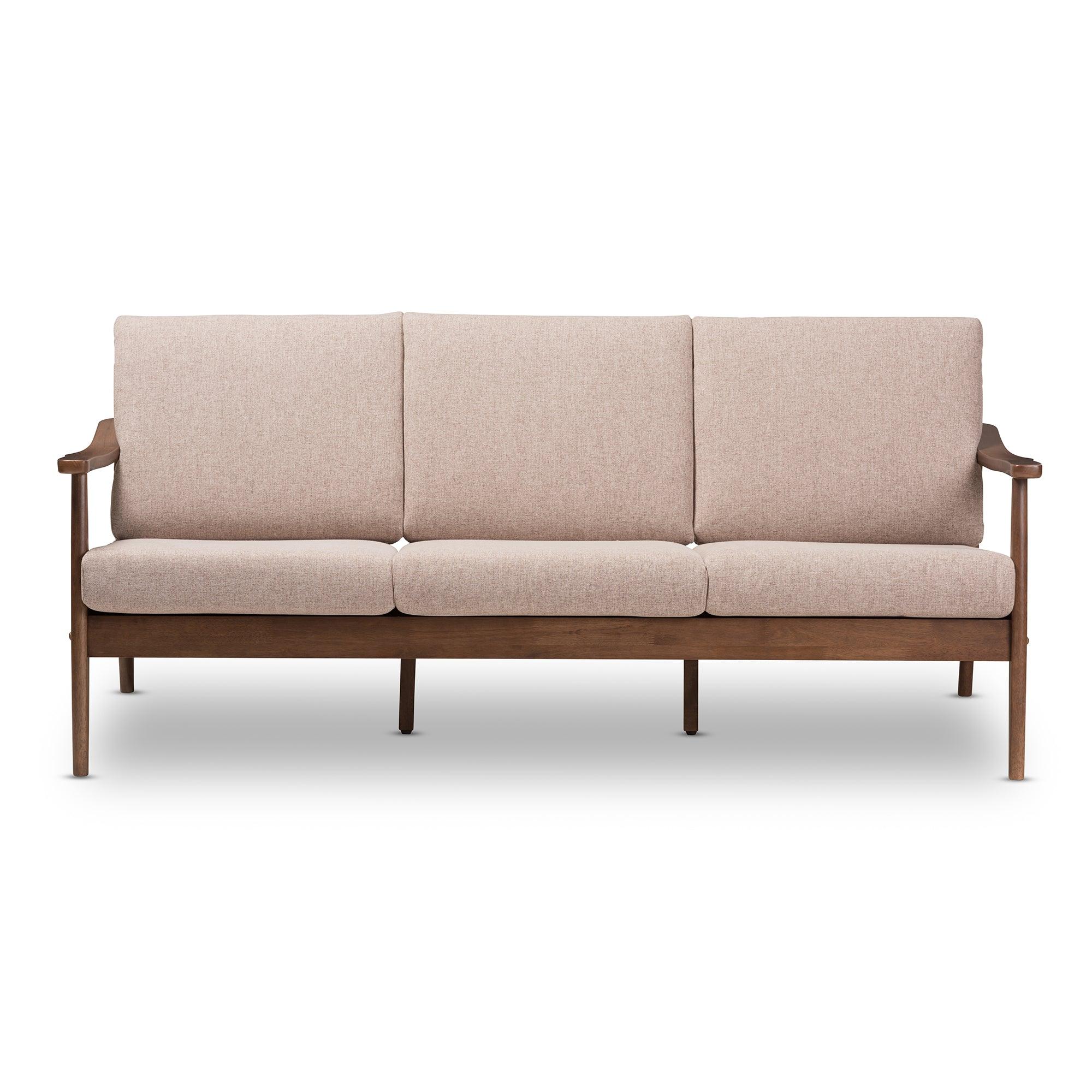 Venza Mid-Century Modern Wood Light Fabric Upholstered 3-Seater Sofa